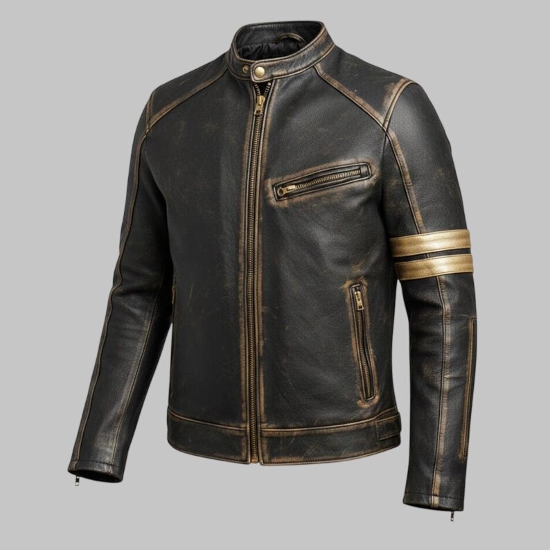 Men Distressed Brown Cafe Racer Leather Biker Jacket