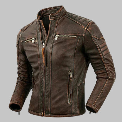 Men Distressed Brown Leather Biker Jacket Slim Fit Moto Style
