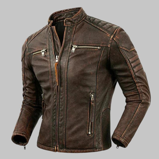 Men Distressed Brown Leather Biker Jacket Slim Fit Moto Style