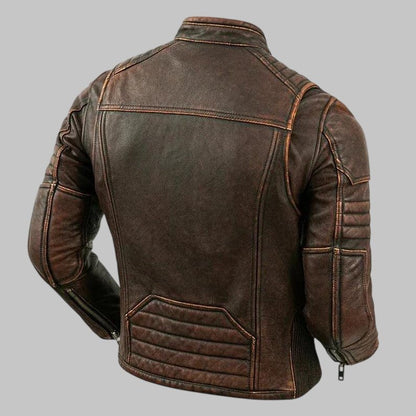 Men Distressed Brown Leather Biker Jacket Slim Fit Moto Style