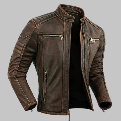 Men Distressed Brown Leather Biker Jacket Slim Fit Moto Style