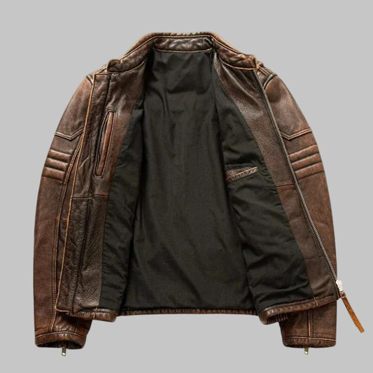 Men Distressed Brown Leather Biker Jacket Slim Fit Moto Style