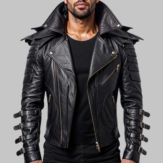 Men Gothic Raven Leather Jacket Spiked Collar Biker Costume