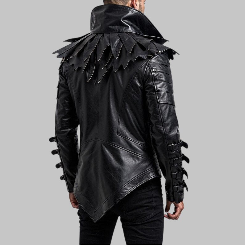 Men Gothic Raven Leather Jacket Spiked Collar Biker Costume