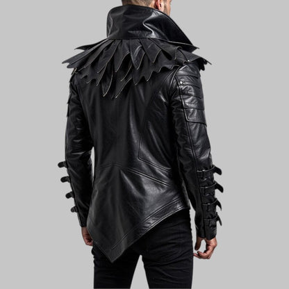 Men Gothic Raven Leather Jacket Spiked Collar Biker Costume