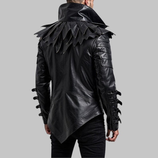 Men Gothic Raven Leather Jacket Spiked Collar Biker Costume