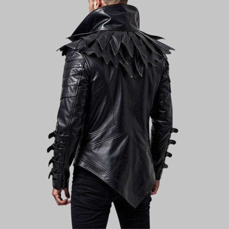 Men Gothic Raven Leather Jacket Spiked Collar Biker Costume