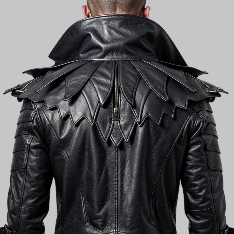 Men Gothic Raven Leather Jacket Spiked Collar Biker Costume