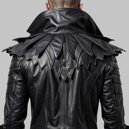 Men Gothic Raven Leather Jacket Spiked Collar Biker Costume