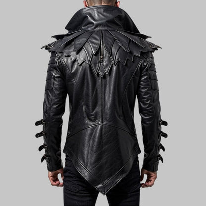 Men Gothic Raven Leather Jacket Spiked Collar Biker Costume