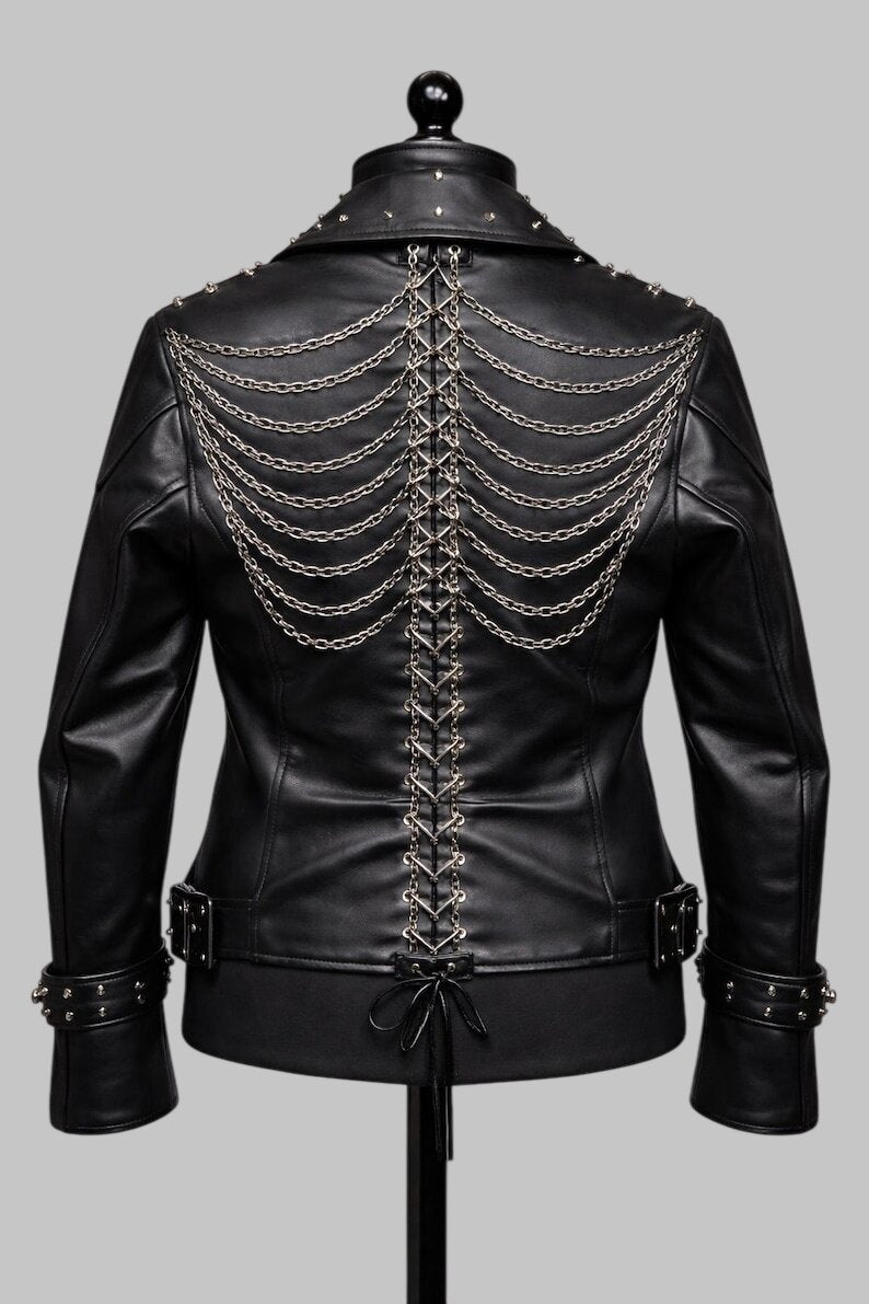Men Gothic Skeleton Rib Cage Leather Biker Jacket Studded Black Cowhide