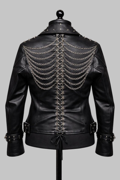 Men Gothic Skeleton Rib Cage Leather Biker Jacket Studded Black Cowhide