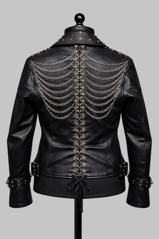Men Gothic Skeleton Rib Cage Leather Biker Jacket Studded Black Cowhide