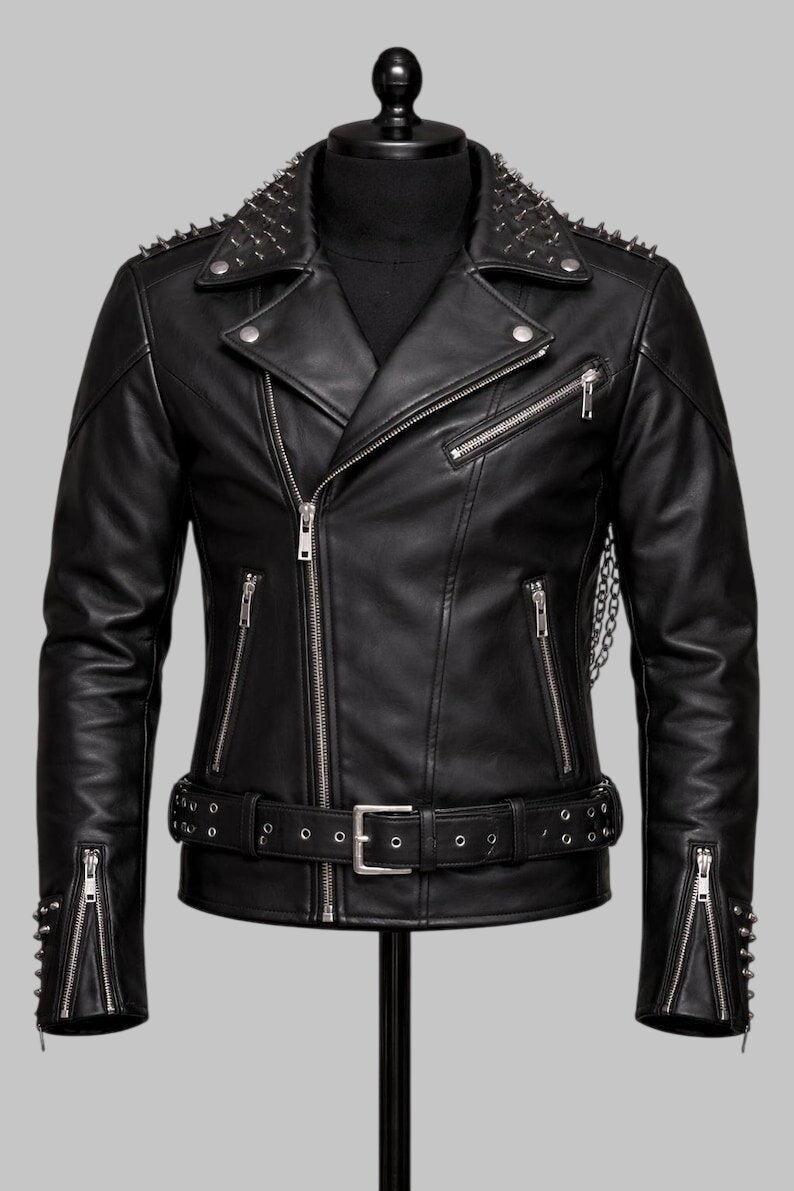Men Gothic Skeleton Rib Cage Leather Biker Jacket Studded Black Cowhide