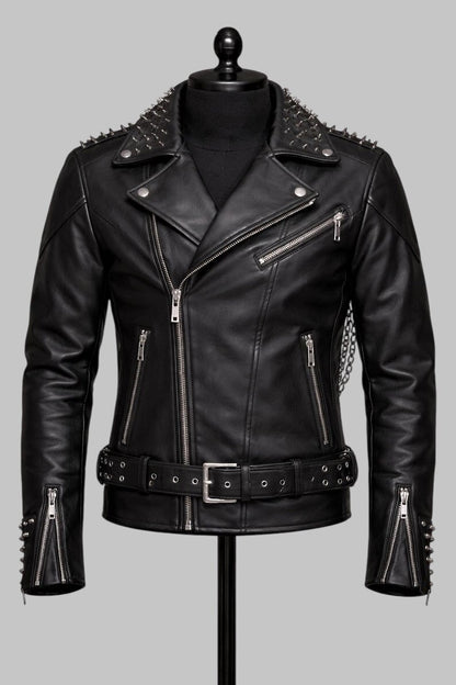 Men Gothic Skeleton Rib Cage Leather Biker Jacket Studded Black Cowhide