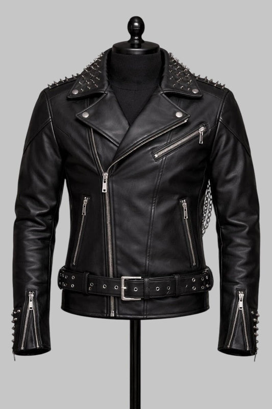 Men Gothic Skeleton Rib Cage Leather Biker Jacket Studded Black Cowhide
