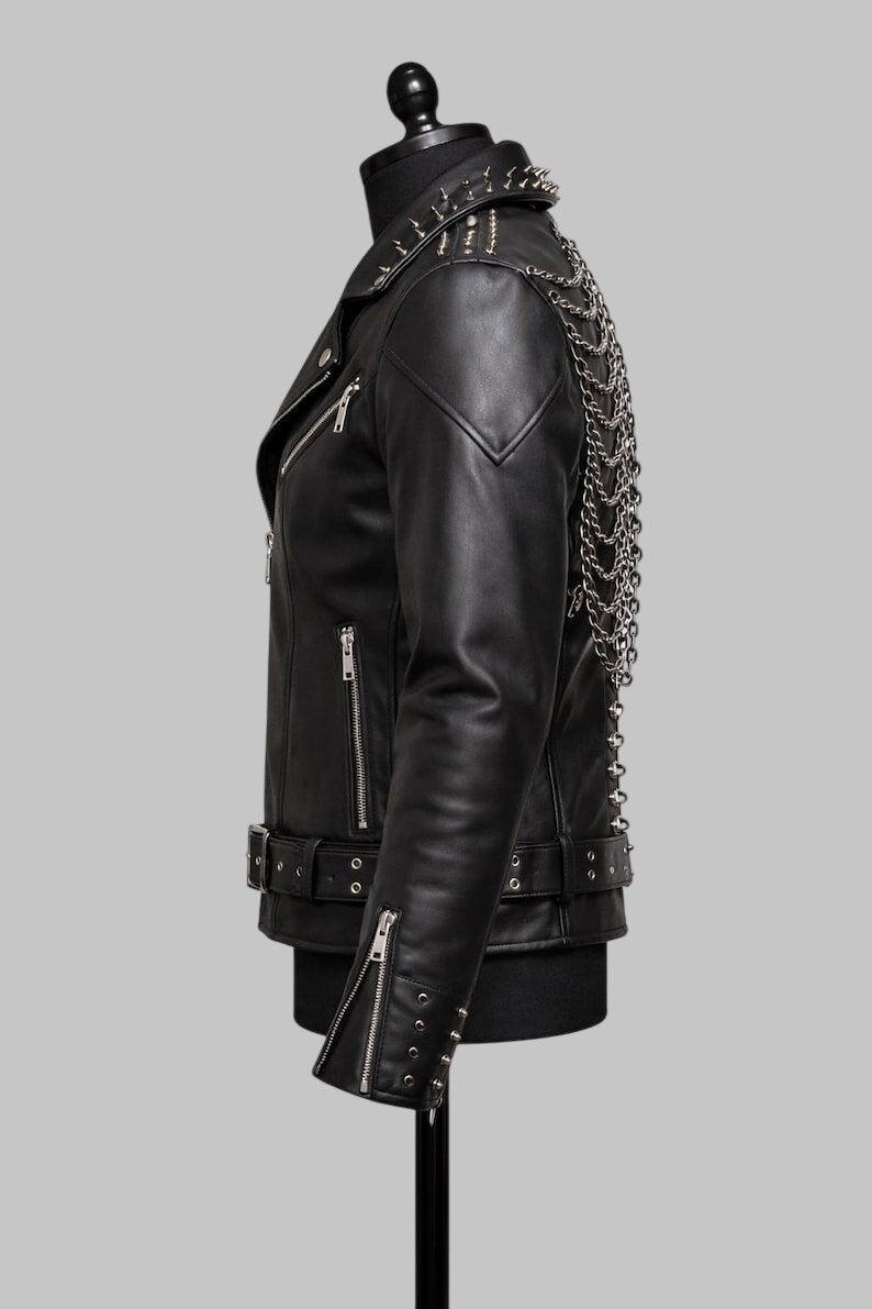 Men Gothic Skeleton Rib Cage Leather Biker Jacket Studded Black Cowhide
