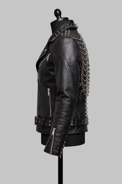 Men Gothic Skeleton Rib Cage Leather Biker Jacket Studded Black Cowhide
