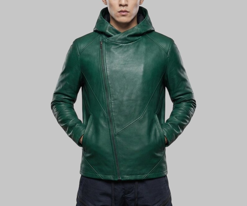 Men Green Leather Hoodie Zip Up Modern Fit
