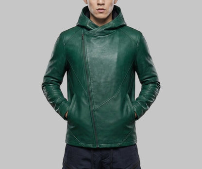 Men Green Leather Hoodie Zip Up Modern Fit