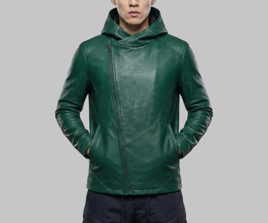 Men Green Leather Hoodie Zip Up Modern Fit