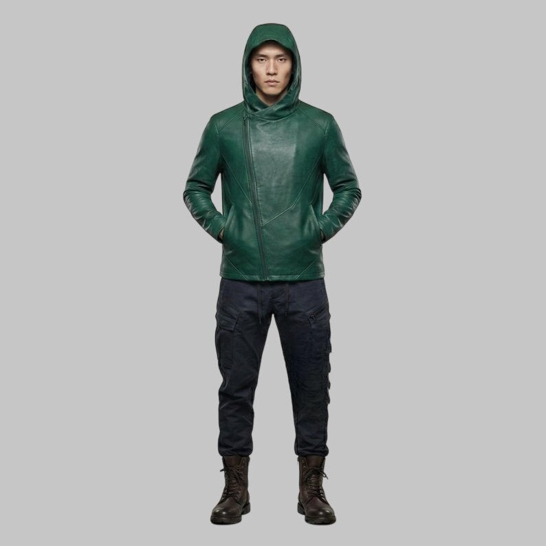 Men Green Leather Hoodie Zip Up Modern Fit