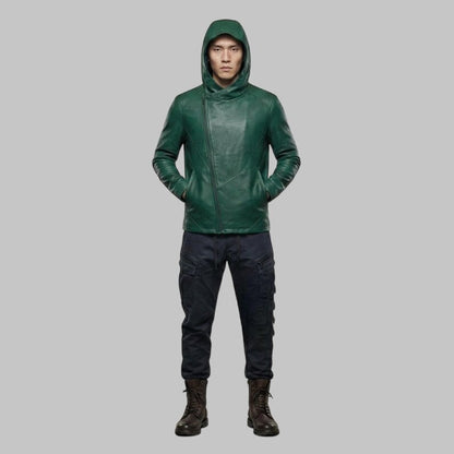 Men Green Leather Hoodie Zip Up Modern Fit
