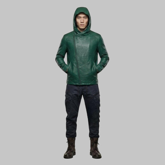Men Green Leather Hoodie Zip Up Modern Fit