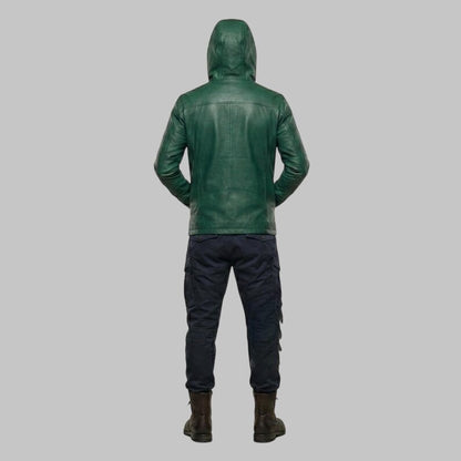 Men Green Leather Hoodie Zip Up Modern Fit