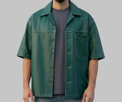 Men Green Oversize Leather Shirt Short Sleeve
