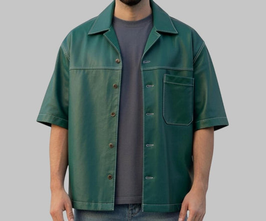 Men Green Oversize Leather Shirt Short Sleeve