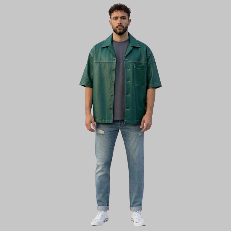 Men Green Oversize Leather Shirt Short Sleeve