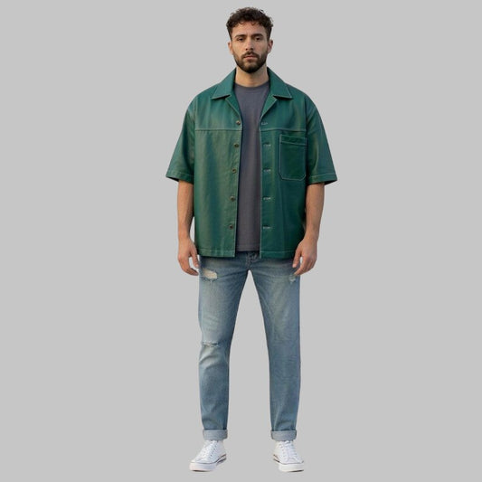 Men Green Oversize Leather Shirt Short Sleeve