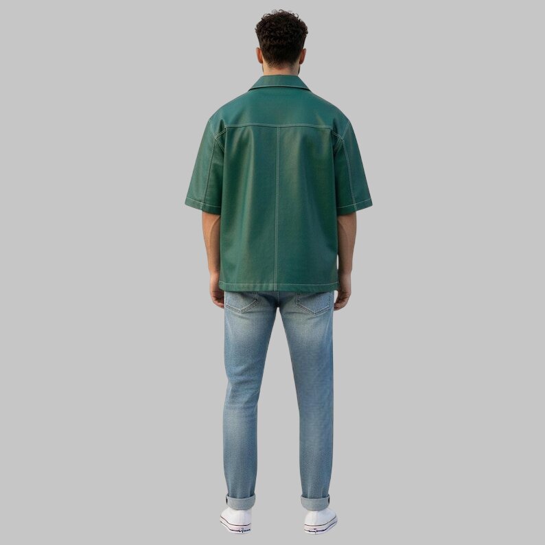 Men Green Oversize Leather Shirt Short Sleeve
