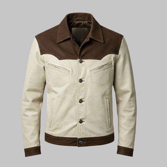 Men Handmade Beige and Brown Two-Tone Western Suede Leather Jacket