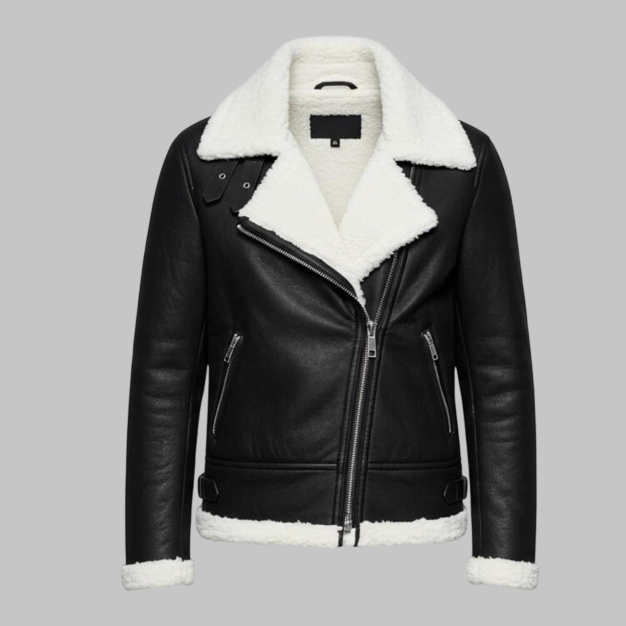 Men Handmade Black Shearling Sheepskin Leather Motorcycle Jacket