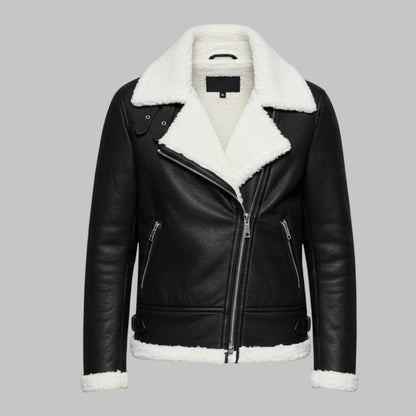 Men Handmade Black Shearling Sheepskin Leather Motorcycle Jacket
