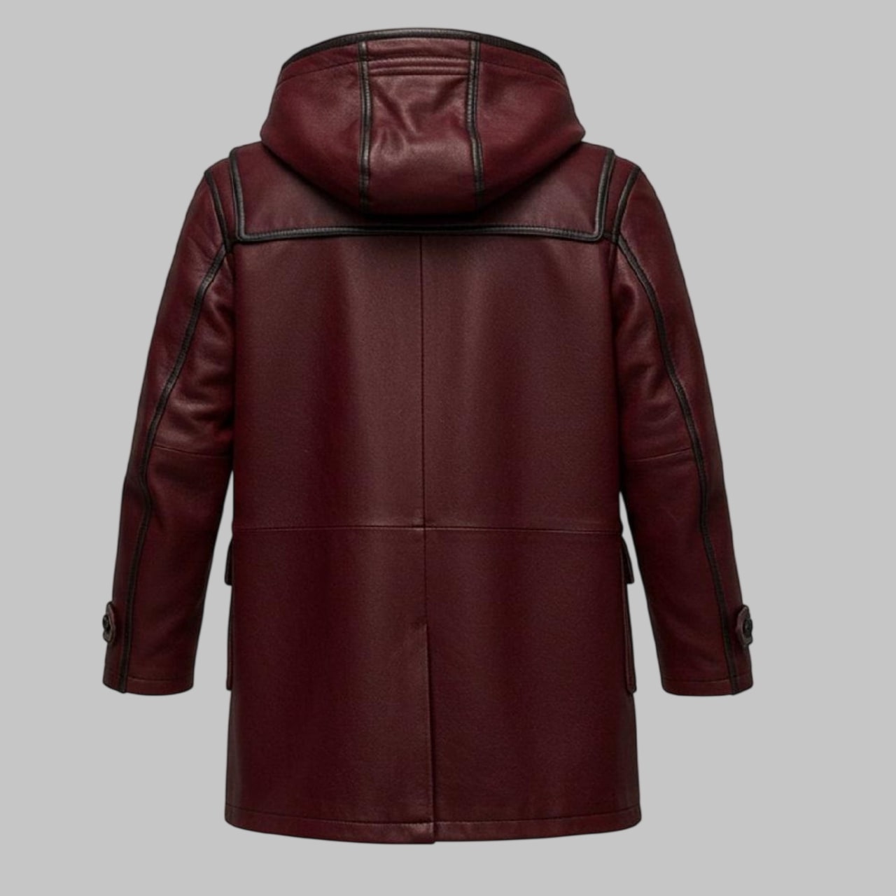 Men Handmade Maroon Cowhide Leather Duffle Coat with Hood