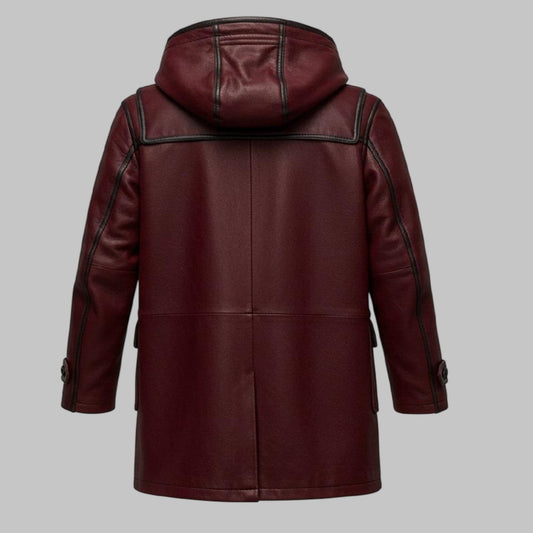 Men Handmade Maroon Cowhide Leather Duffle Coat with Hood