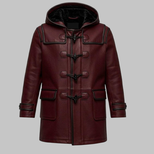 Men Handmade Maroon Cowhide Leather Duffle Coat with Hood