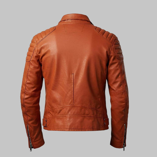Men Handmade Orange Motorcycle Leather Jacket with Quilted Shoulders