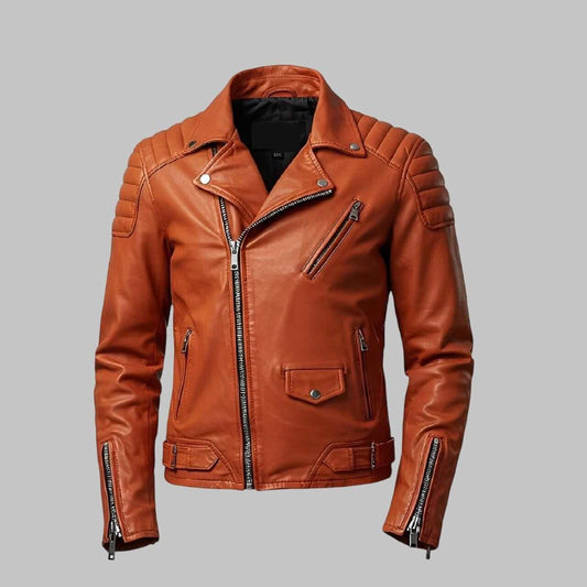 Men Handmade Orange Motorcycle Leather Jacket with Quilted Shoulders