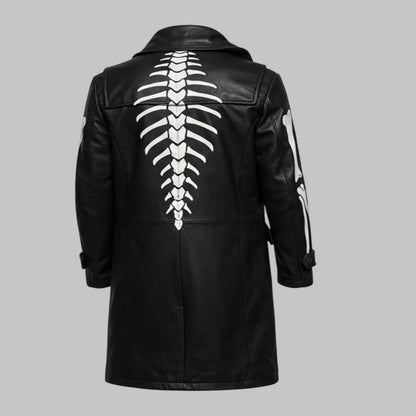 Men Handmade Skeleton Bone Graphic Leather Duffle Coat