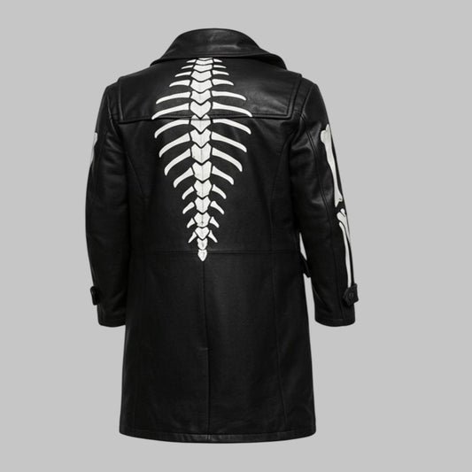 Men Handmade Skeleton Bone Graphic Leather Duffle Coat
