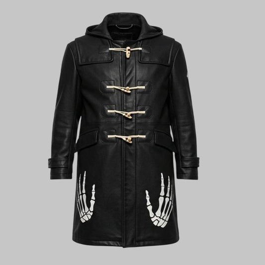 Men Handmade Skeleton Bone Graphic Leather Duffle Coat