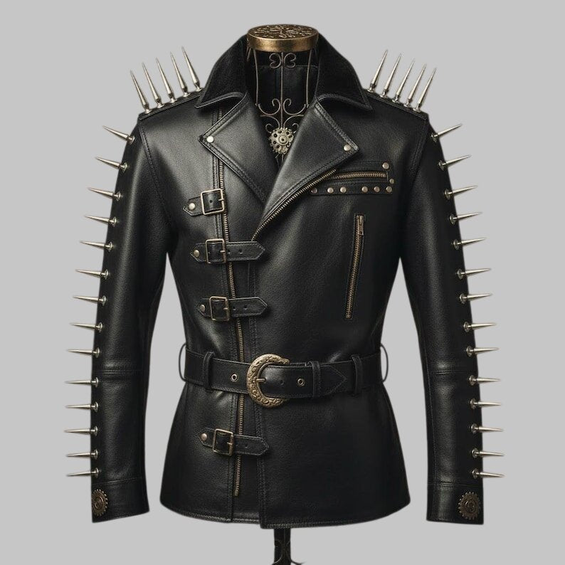 Men Handmade Spiked Studded Cowhide Leather Jacket