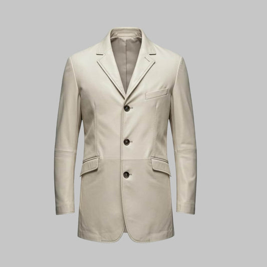 Men Handmade White Sheepskin Leather Blazer Jacket