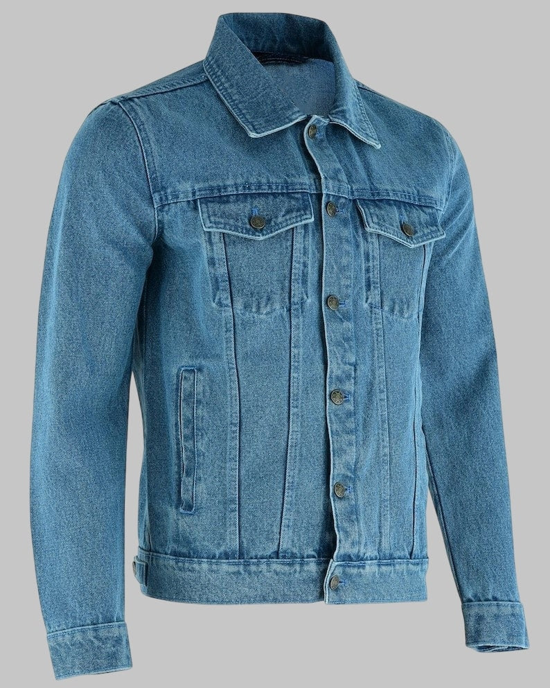 Men Heavy Duty Light Blue Denim Motorcycle Jacket