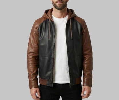 Men Leather Hooded Jacket Zip Up Biker Style
