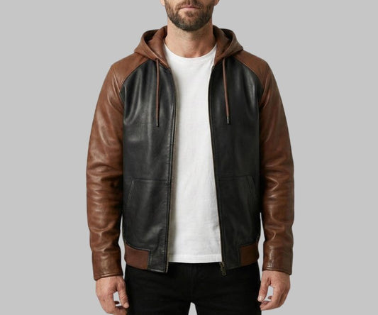 Men Leather Hooded Jacket Zip Up Biker Style